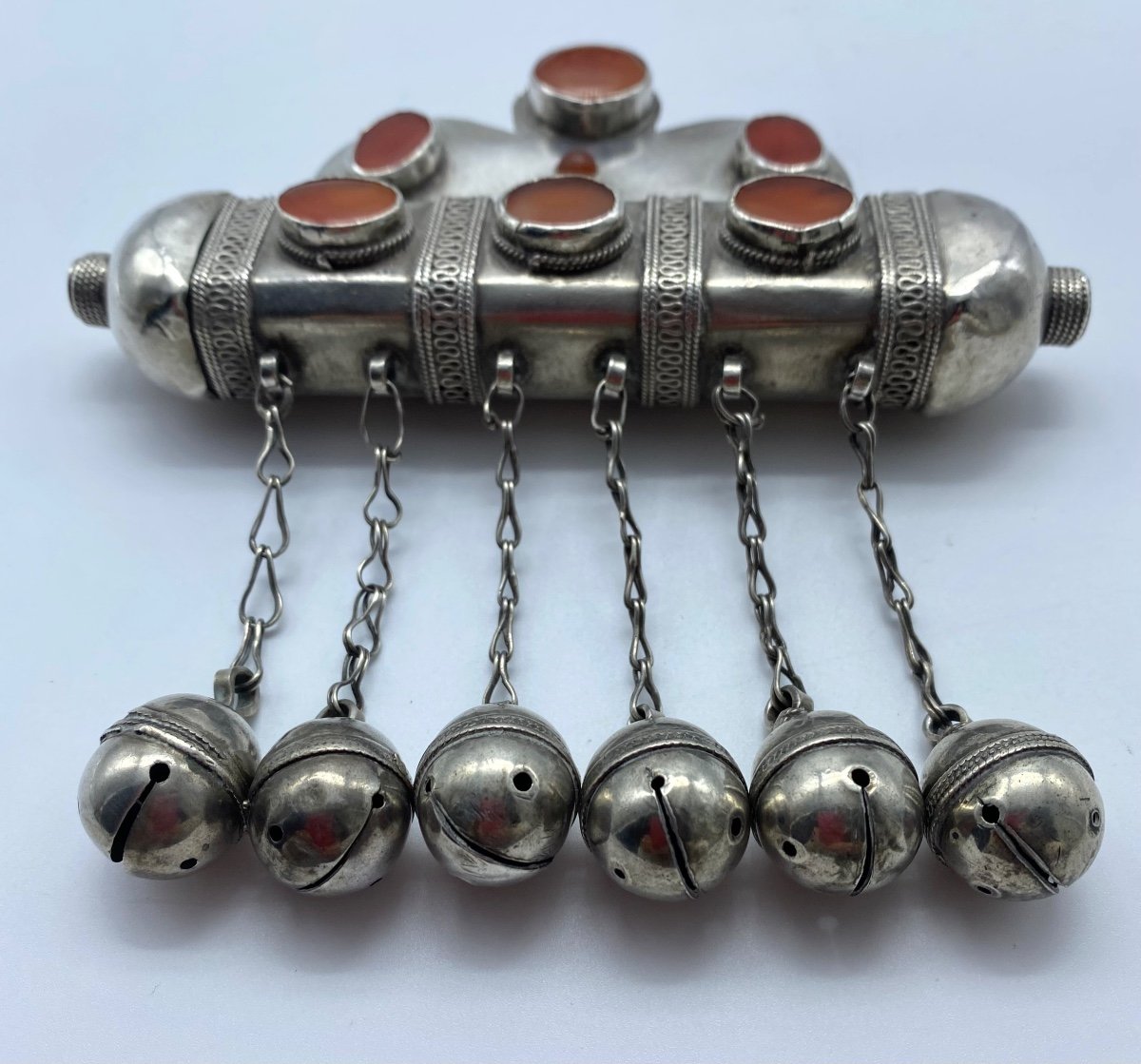 XIX Islamic Turkmen Amulet Silver Tumar And Bazuband Carnelians Ethnic Jewelry-photo-2