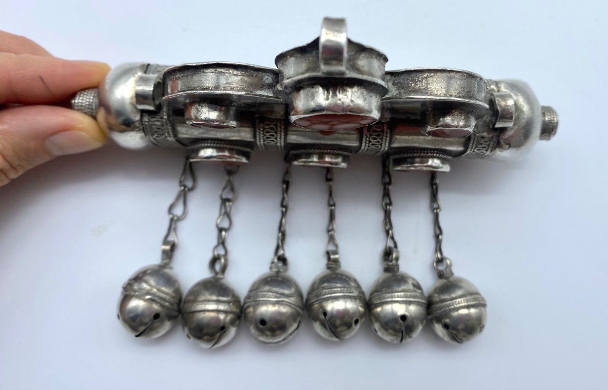 XIX Islamic Turkmen Amulet Silver Tumar And Bazuband Carnelians Ethnic Jewelry-photo-3