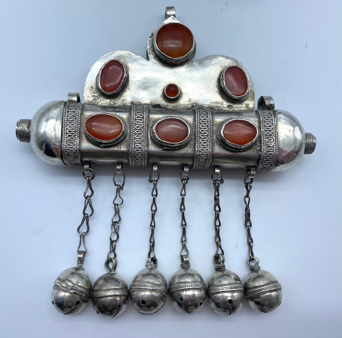 XIX Islamic Turkmen Amulet Silver Tumar And Bazuband Carnelians Ethnic Jewelry-photo-4