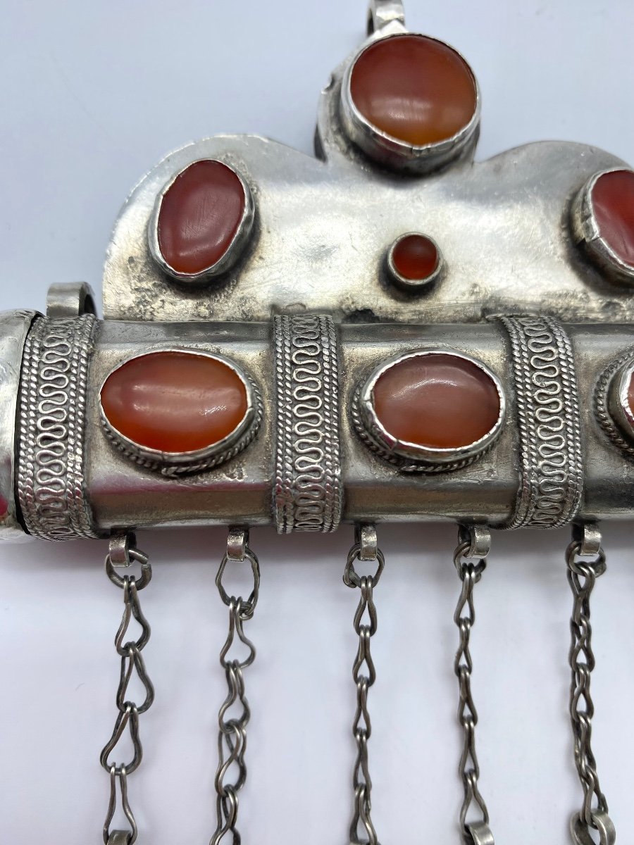 XIX Islamic Turkmen Amulet Silver Tumar And Bazuband Carnelians Ethnic Jewelry-photo-2