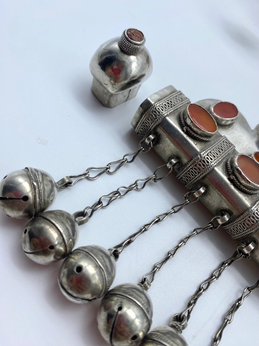 XIX Islamic Turkmen Amulet Silver Tumar And Bazuband Carnelians Ethnic Jewelry-photo-4