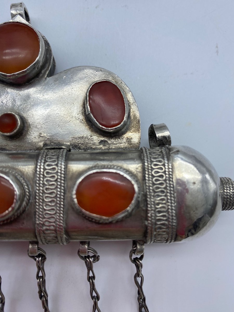 XIX Islamic Turkmen Amulet Silver Tumar And Bazuband Carnelians Ethnic Jewelry-photo-5