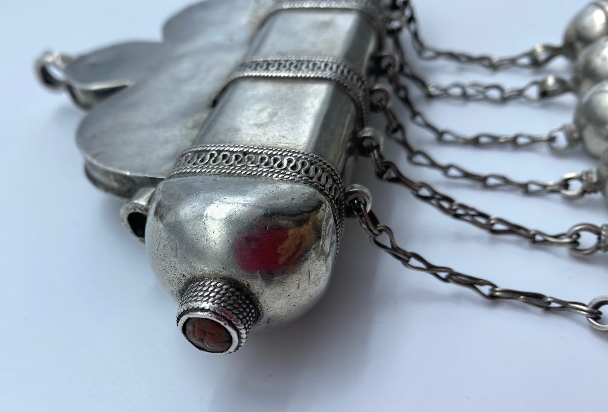 XIX Islamic Turkmen Amulet Silver Tumar And Bazuband Carnelians Ethnic Jewelry-photo-7