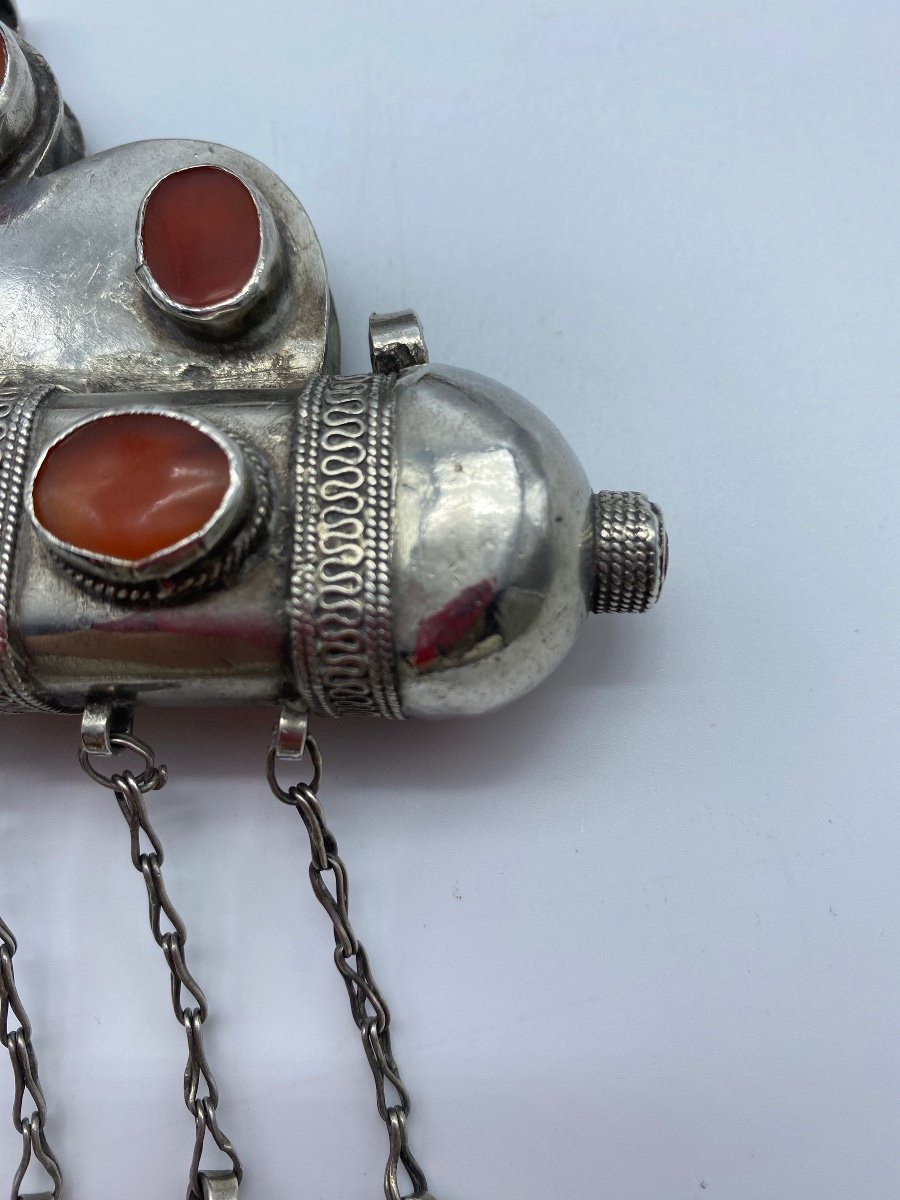 XIX Islamic Turkmen Amulet Silver Tumar And Bazuband Carnelians Ethnic Jewelry-photo-8