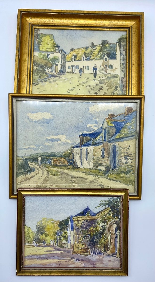 France Early 20th Century Three Watercolor Paintings By A. Comte De Penhouët