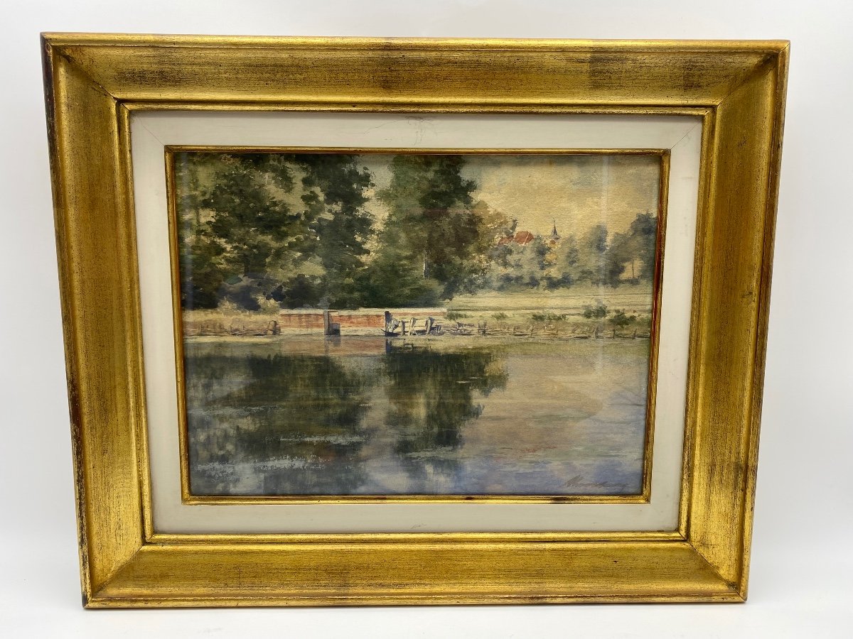 Pair Of Antique 19th Century Watercolour Landscape Paintings In Gilt Wood Frames-photo-2