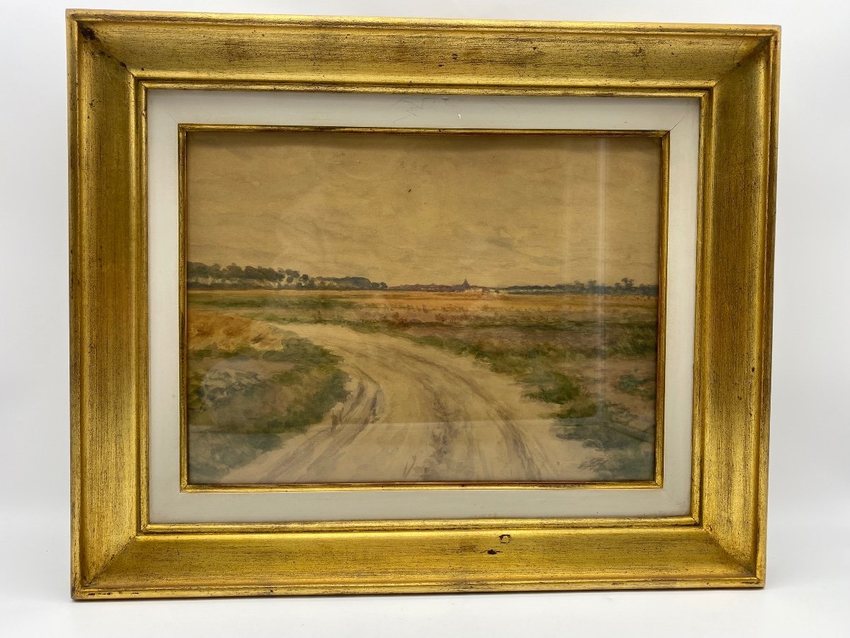 Pair Of Antique 19th Century Watercolour Landscape Paintings In Gilt Wood Frames-photo-3