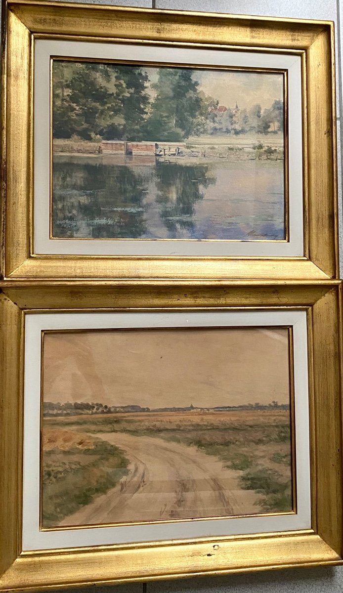 Pair Of Antique 19th Century Watercolour Landscape Paintings In Gilt Wood Frames-photo-4