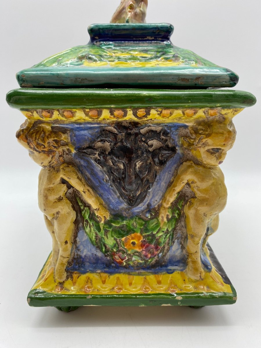 Italy Zulimo Aretini (1884-1965) Antique Majolica Lidded Casket With Putti And Monster-photo-4