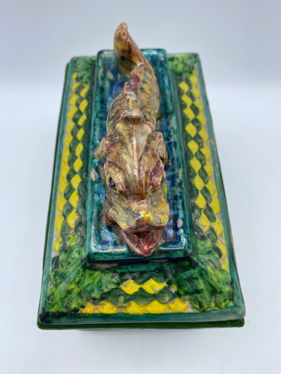 Italy Zulimo Aretini (1884-1965) Antique Majolica Lidded Casket With Putti And Monster-photo-2