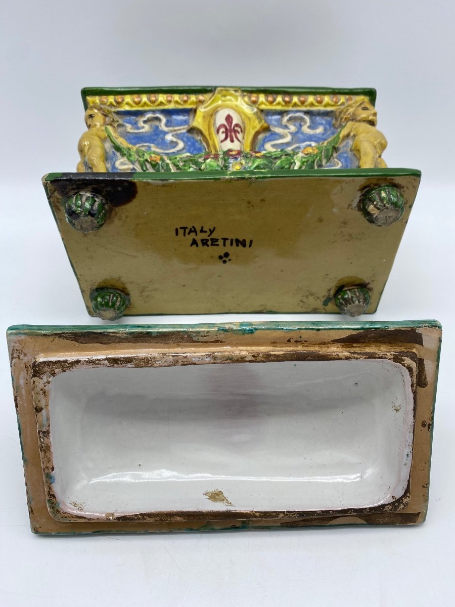 Italy Zulimo Aretini (1884-1965) Antique Majolica Lidded Casket With Putti And Monster-photo-3