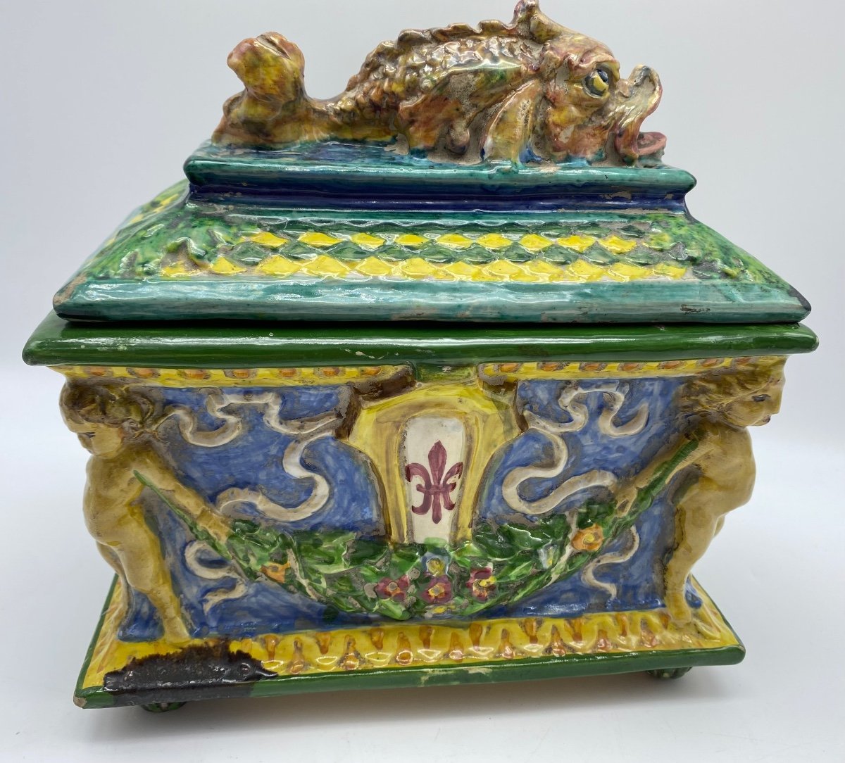 Italy Zulimo Aretini (1884-1965) Antique Majolica Lidded Casket With Putti And Monster-photo-4