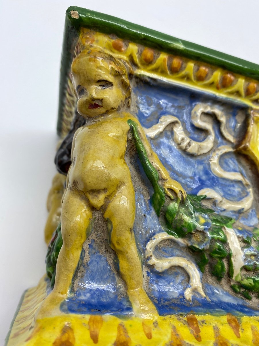 Italy Zulimo Aretini (1884-1965) Antique Majolica Lidded Casket With Putti And Monster-photo-5