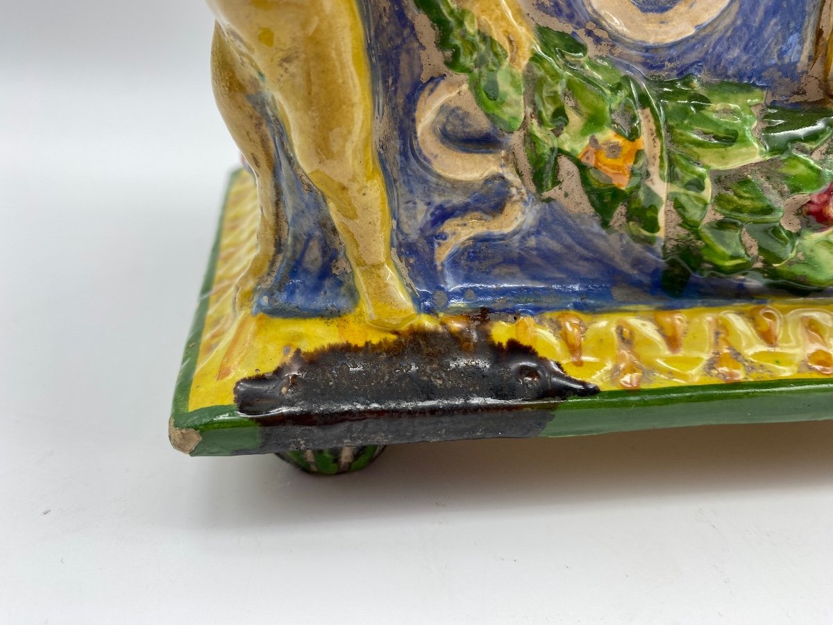 Italy Zulimo Aretini (1884-1965) Antique Majolica Lidded Casket With Putti And Monster-photo-8