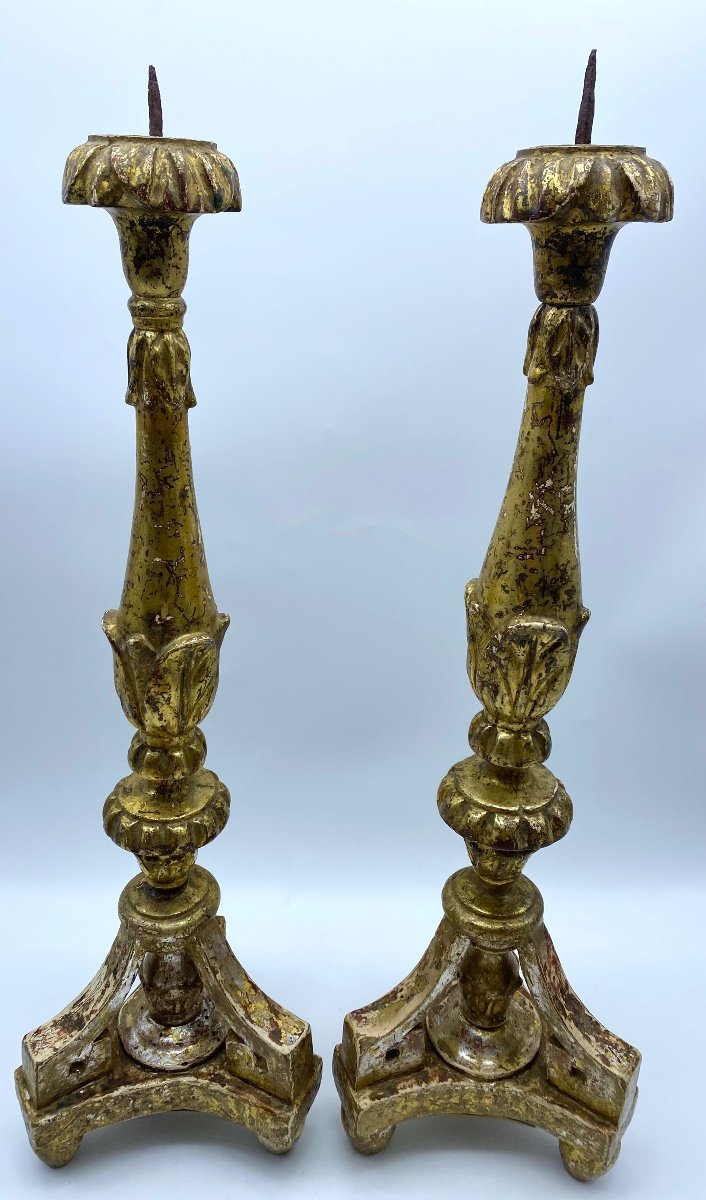 Pair Of Giltwood Silverleaf Pique-cierge Candlesticks, Italy, 18th Century-photo-2