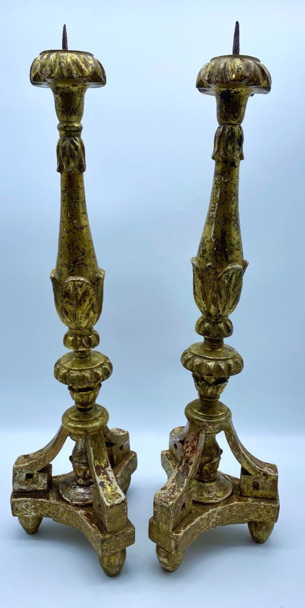 Pair Of Giltwood Silverleaf Pique-cierge Candlesticks, Italy, 18th Century-photo-2