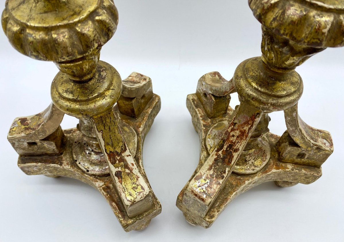 Pair Of Giltwood Silverleaf Pique-cierge Candlesticks, Italy, 18th Century-photo-3