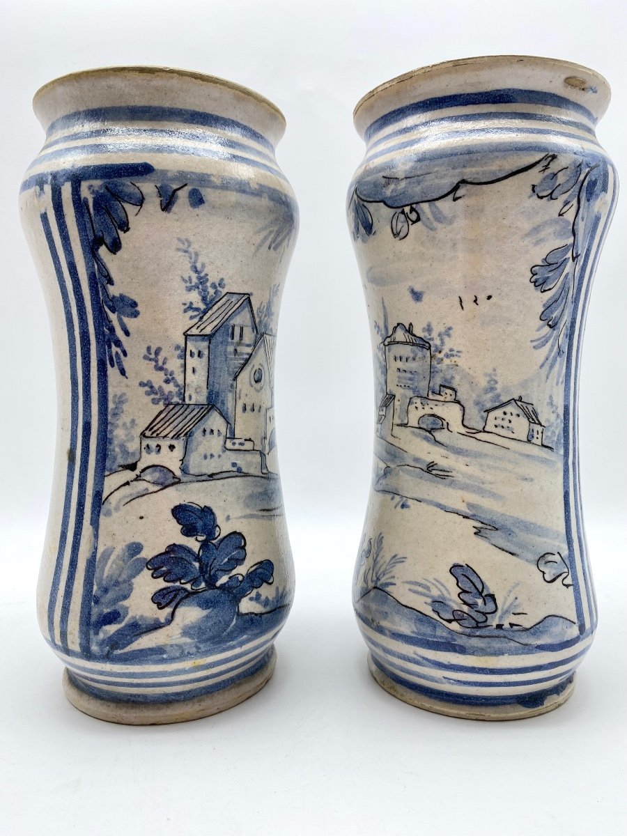 XVIII Italy Savona Pair Of Albarelli Blue And White Majolica Pharmacy Jars-photo-2