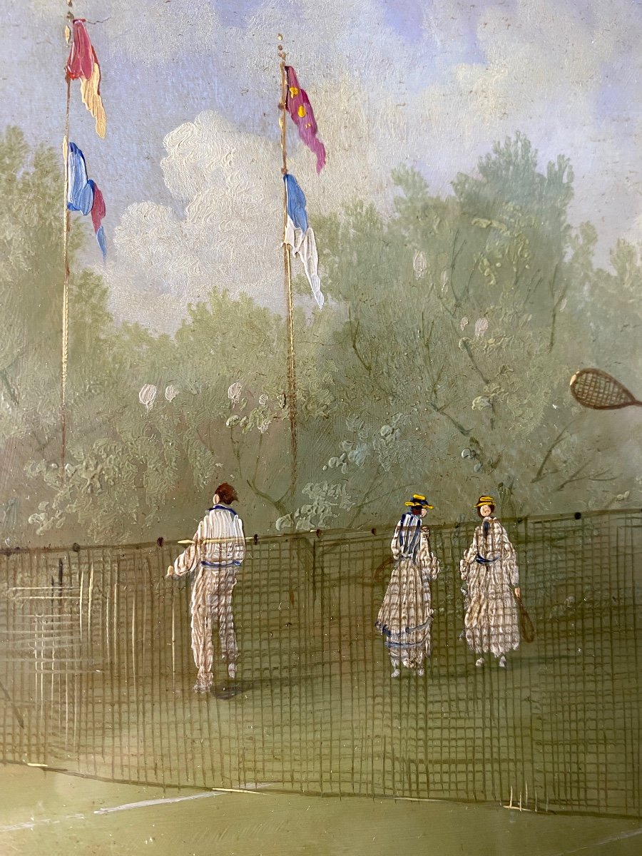 Italie Ceri, Marco Ensemble De Quatre Peintures à l'Huile Sur Cuivre Scènes De Tennis édouardie-photo-3