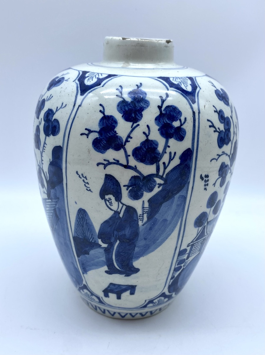 XVIII Delft Ceramic Ovoid Vase Ginger Jar Style Chinoiserie Decorated With Long Ladies Decor -photo-2