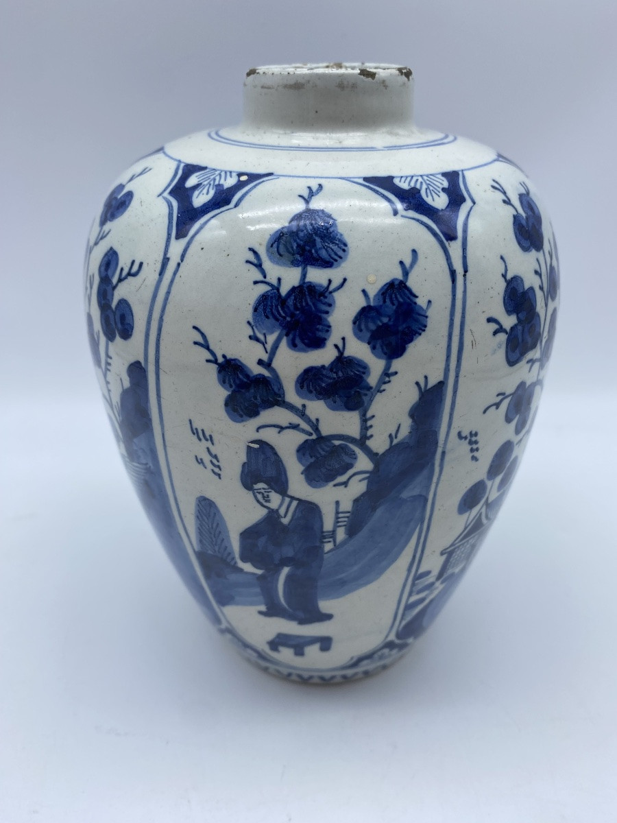 XVIII Delft Ceramic Ovoid Vase Ginger Jar Style Chinoiserie Decorated With Long Ladies Decor -photo-2