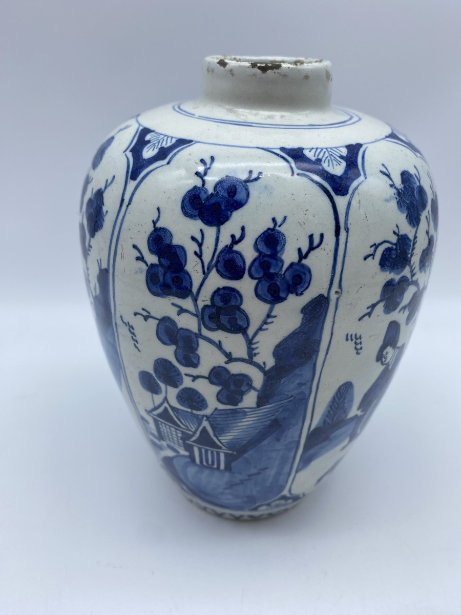 XVIII Ancien Vase Delft Ovoïde En Faience Céramique Chinoiserie decor de longues dames Kangxi-photo-3