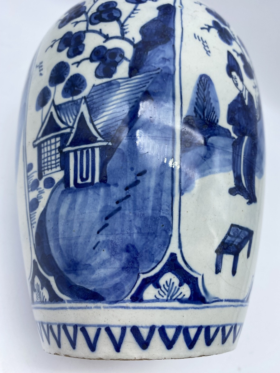 XVIII Delft Ceramic Ovoid Vase Ginger Jar Style Chinoiserie Decorated With Long Ladies Decor -photo-6