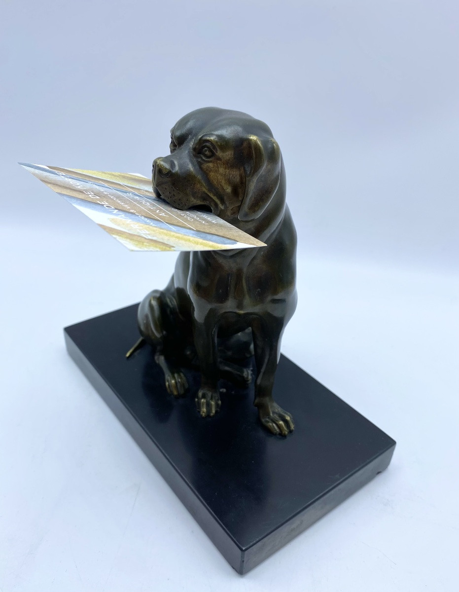 Antique Bronze Dog Statue 1900s Letter Holder With Movable Jaw-photo-3