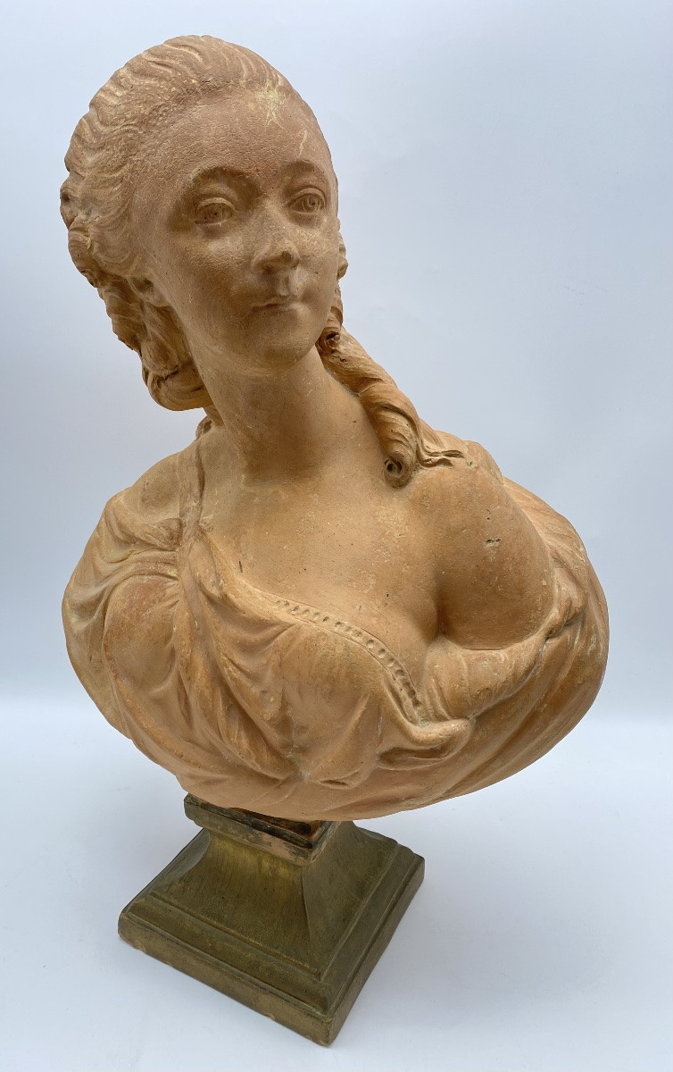 19th Century Antique Terracotta Bust Of Madame Du Barry After A. Pajou Signed-photo-2