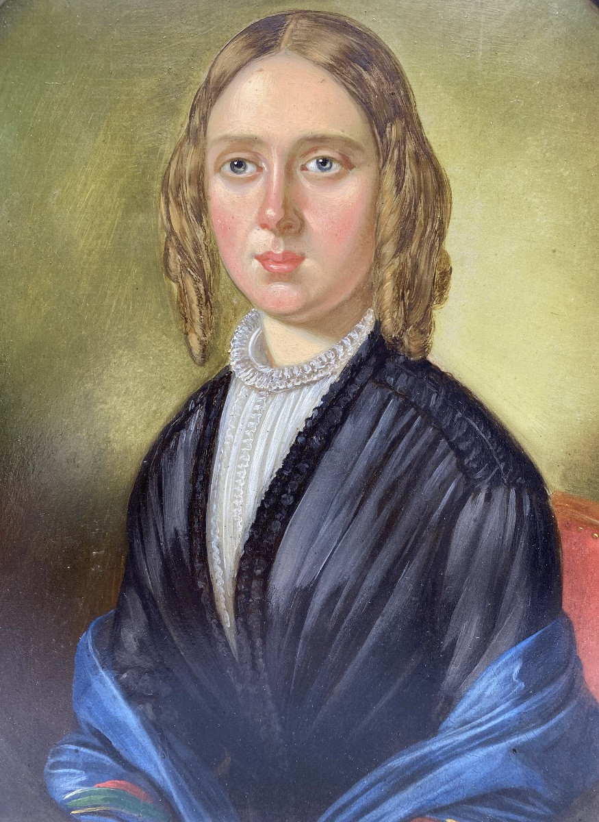 Ancienne Peinture à l'Huile Danoise Du XIXe Siècle Portrait Sur Panneau d'Une Jeune Femme-photo-4