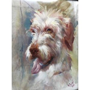 XX Italian Oil Painting Portrait Of A White Irish Wolfhound Or Podenko 