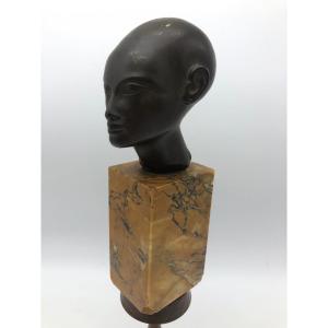 Antique Bronze Egyptian Statue Head Of Amarna On A Siena Marble Base
