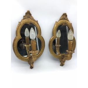 France D’époque Louis XVI Pair Of Antique Gilded Wood Sconces With Mirrors 
