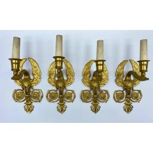 XIX France Empire Set Of Four Small Sconces In Gilt Bronze Swan Neck 