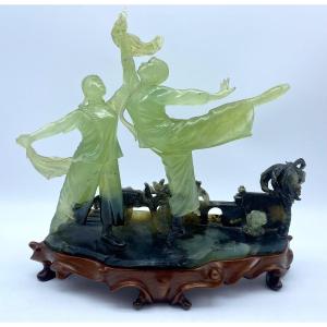 Rare Chinese Serpentine Cultural Revolution 1960/1970 Carved Group Sculpture Of Ballet Dansers 