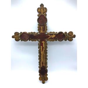 Croix De Procession Française Ancienne En Bois Polychrome XVIIe