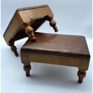 Pair Of 19th Century Small Carved Oak Leather Upholstered Studded Footstools