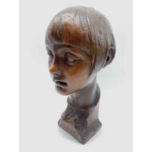 Ancien Buste Art Déco Belge Unique En Terre Cuite d'Une Jeune Femme Par Léon Vogelaar