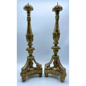 Pair Of Giltwood Silverleaf Pique-cierge Candlesticks, Italy, 18th Century