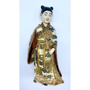 Statue Ancienne Japonaise Céramique De Satsuma De La Période Meiji d'Une Femme En Kimono 29 C