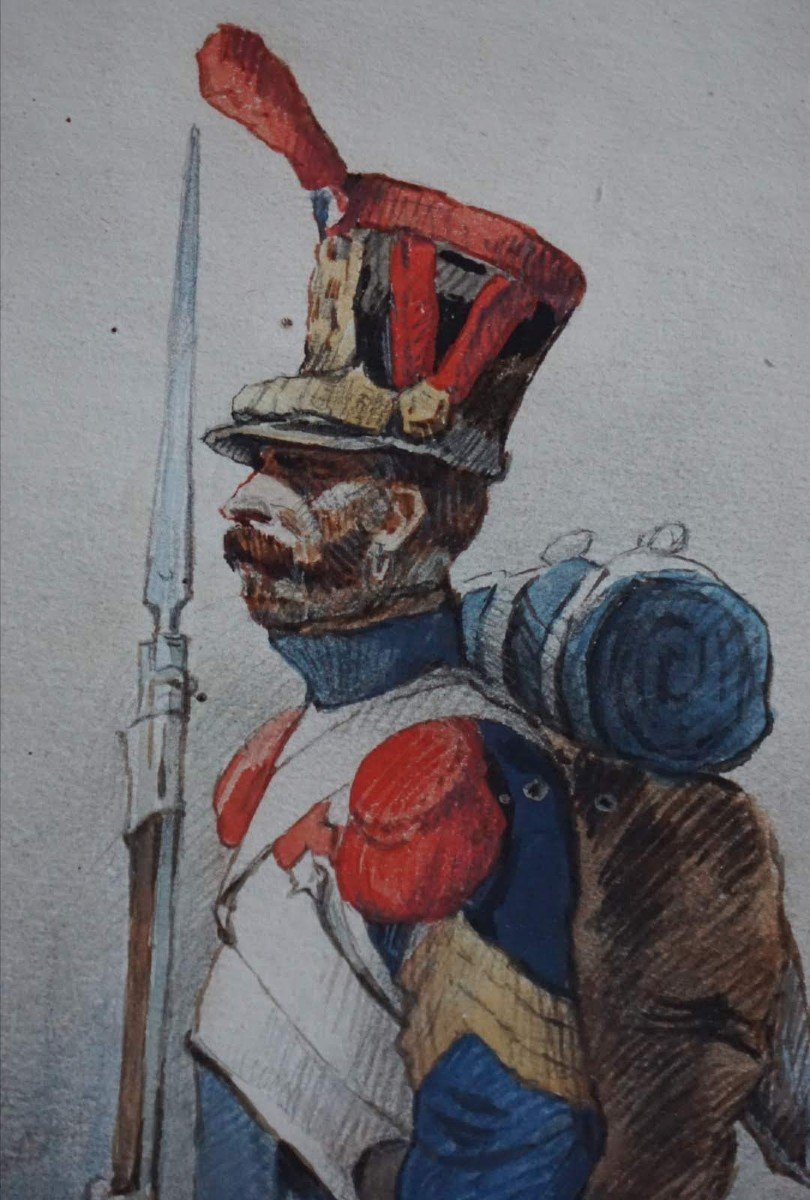 Militaria. Militaire Infanterie De Ligne 1809. Aquarelle Sur Papier. France XIXs-photo-2