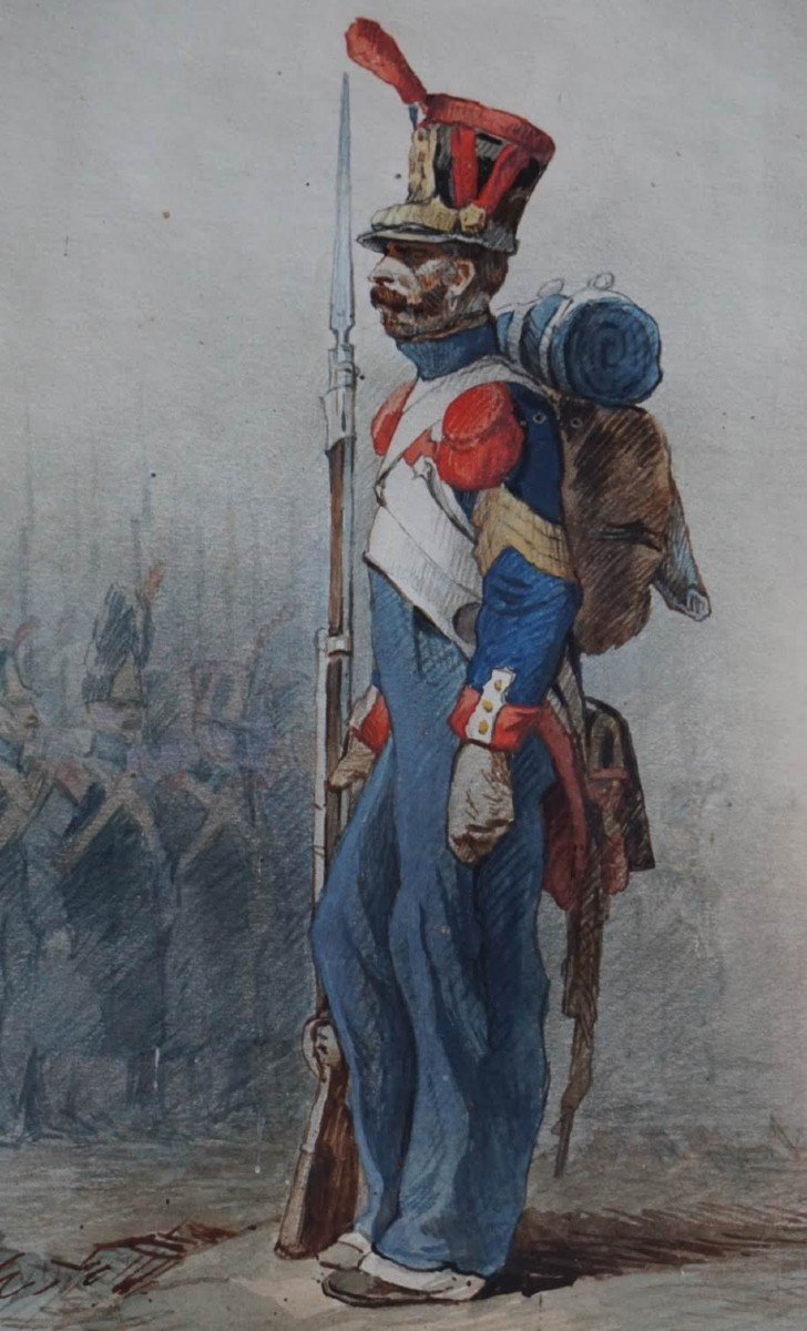 Militaria. Militaire Infanterie De Ligne 1809. Aquarelle Sur Papier. France XIXs-photo-3