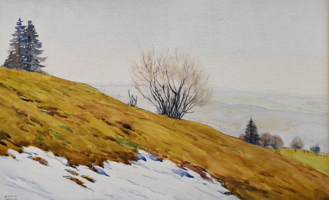 Paysage Montagnes du Jura. Aquarelle de Paul Émile Ingold (1873-1958)