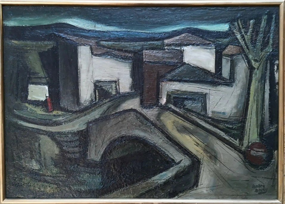 Village  /magnifique œuvre moderne / huile sur panneau de Pierre André Bouey-photo-2