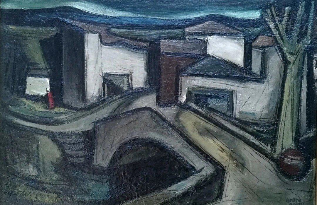 Village  /magnifique œuvre moderne / huile sur panneau de Pierre André Bouey