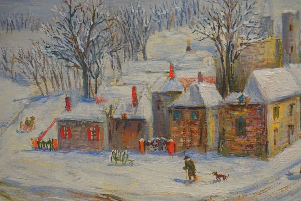 ÉCOLE NAÏVE  / Raffy Le Persan (1920-2008) / Village Enneigé / Huile Sur Panneau-photo-4