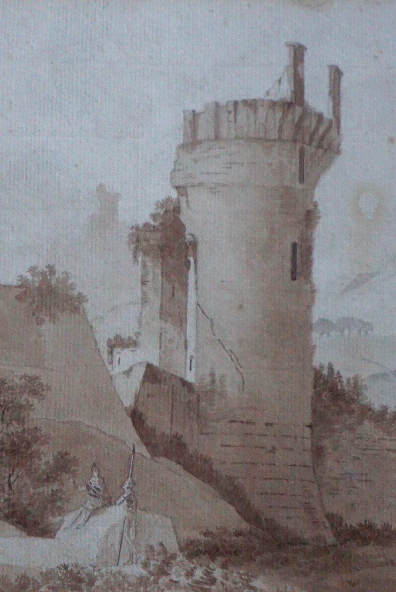 THOMAS-CHARLES NAUDET (attribué à) (1778-1810) / dessin / Paysage avec château en ruine -photo-3