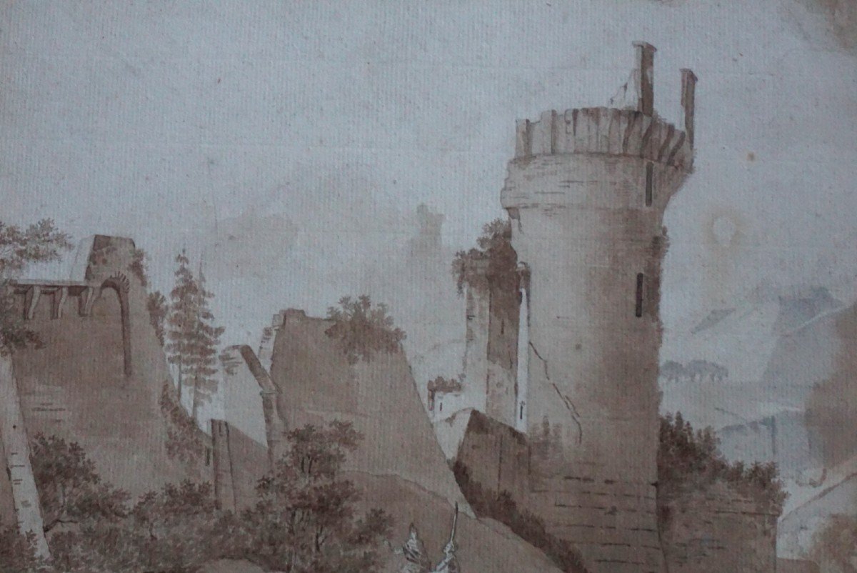 THOMAS-CHARLES NAUDET (attribué à) (1778-1810) / dessin / Paysage avec château en ruine -photo-2