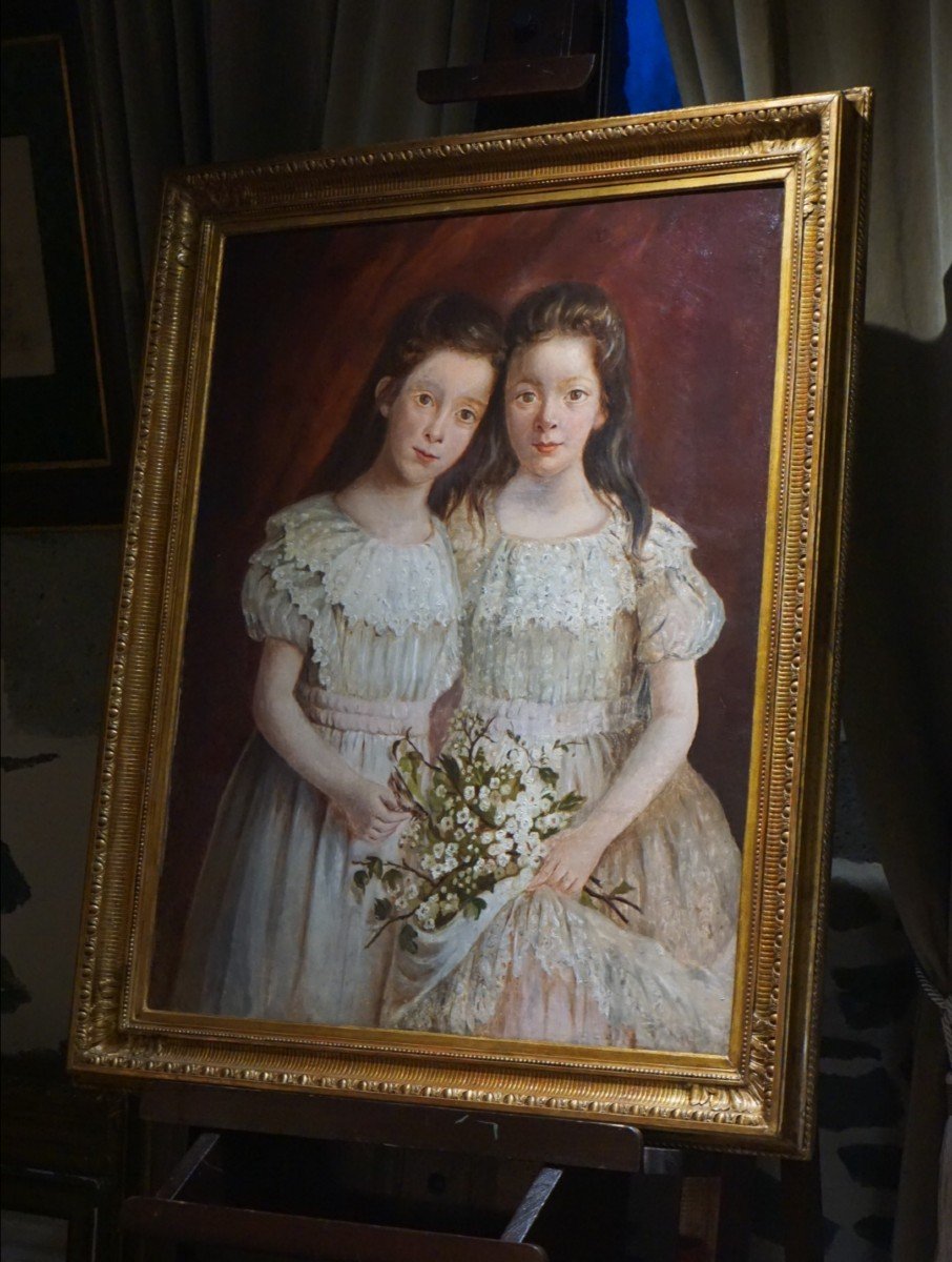 French School / Two Sisters With A Bouquet Of Flowers / Around 1880 / Oil On Canvas-photo-4