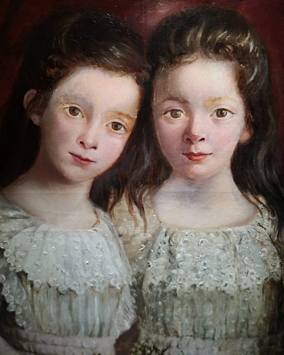 French School / Two Sisters With A Bouquet Of Flowers / Around 1880 / Oil On Canvas-photo-2